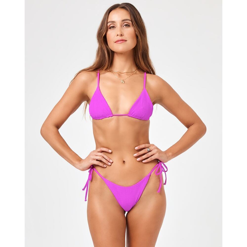 L Space Lennox Ribbed String Bikini Bottoms Bright Fuchsia Size Large NWT